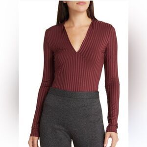 Hugo Boss Maroon Long Sleeve Sparkle V-Neck Blouse Top Medium